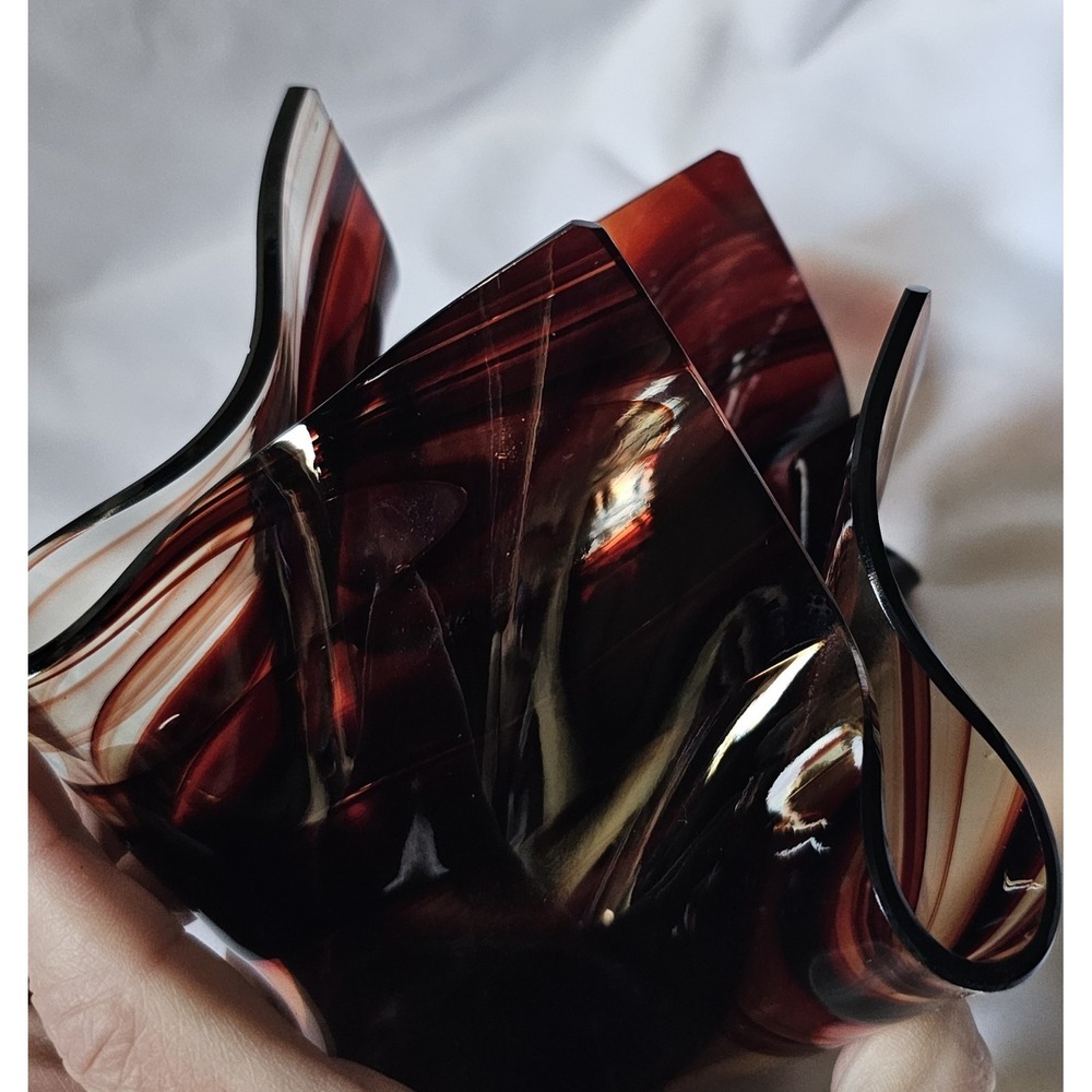 Tony Serveinte Glass Blown Folded Handkerchief Swirl Vase Signed Brown/Clear - Picture 2 of 15